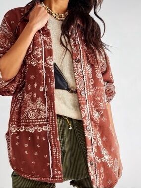Free People West Coast Bandana Print Oversized Button Jacket in Rusty Copper XS